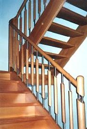 Buche-Podesttreppe mit Geländer in V2A und Holz